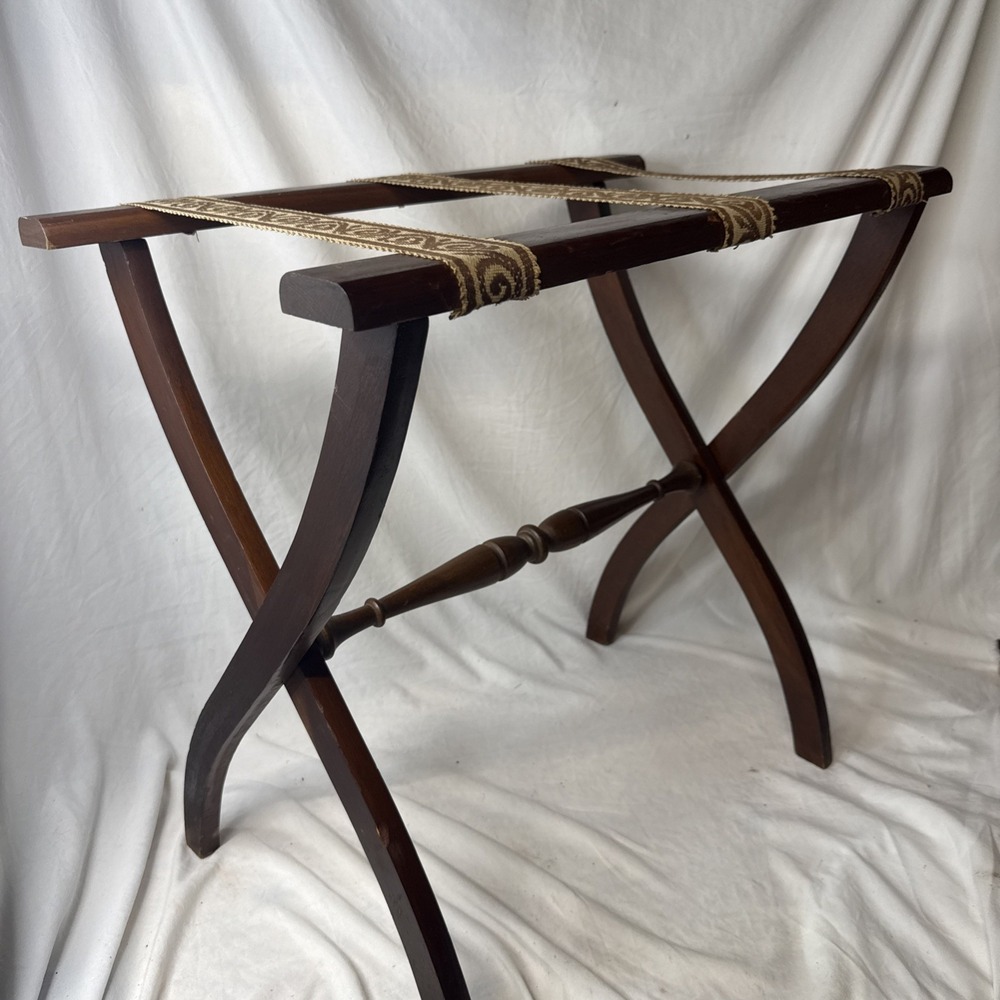 Vintage Folding Scroll Wood Luggage Rack Curve Legs Tapestry Straps Guest Hotel
